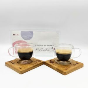 Conjunto tazas café con posavasos de bambú personalizados